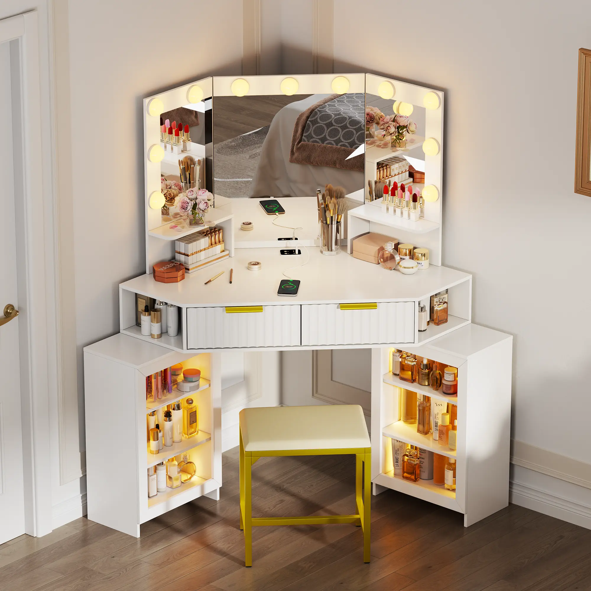 Vlsrka Desk with Charging Station & LED Lights Mirror – Corner Design HD Triple Mirror Makeup Vanity Table Set with Storage Drawers & Chair for Living Room/Bedroom Ideal Gift