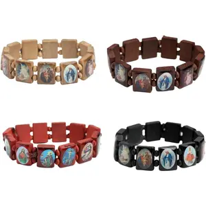 4Pcs Wooden Jesus Virgin Mary Bracelet Saints Rosary Stretch Wooden Small Panel Bracelet Religious Saints Jesus Gift