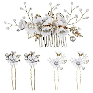 5 pcs Crystal Rhinestone Wedding Hair Comb and Hair Pins Bridal Flower Wedding Hair Pins Leaf Pearl Hair Pins Clips for Brides Bridesmaids Women Fashion Accessories