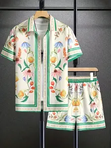 Stylish and Comfortable  Short-Sleeve Shorts Set, Beach Vacation Printed Lapel Shirt Outfit, Festival Gift unisex Clothes Suits Tropical Gamis Menswear Man Chainsaw Fashion Floral Floral Pattern Shortsleeve