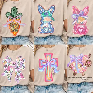 Brushstroke bunny easter shirt bundle, bunny coquette bow shirt , he is risen shirt , easter shirt , retro easter shirt , Girls easter shirt , preppy easter - LORA ATCHER