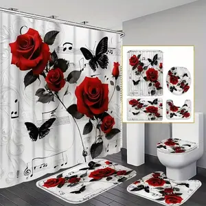 1/4-piece Valentine's Day set with red roses and musical notes. Elegant black and white bathroom shower curtain and mat set with red accents, including 12 hooks, non-slip bathroom mat, non-slip toilet U-shaped mat, and toilet seat cover. Modern home decor