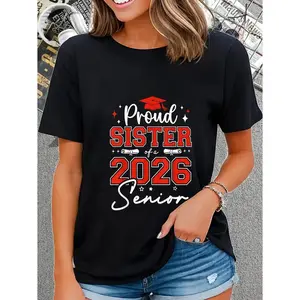 100% Cotton Unisex Senior 2026 Proud Sister of a 2026 Senior Graduate T-Shirt Casual Graphic Printed Vintage Tshirt