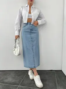 Women's Casual Fitted Denim Midi Skirt, Solid Color Natural Waist Design, Comfortable & Stylish Everyday Wear, Perfect for Daily
