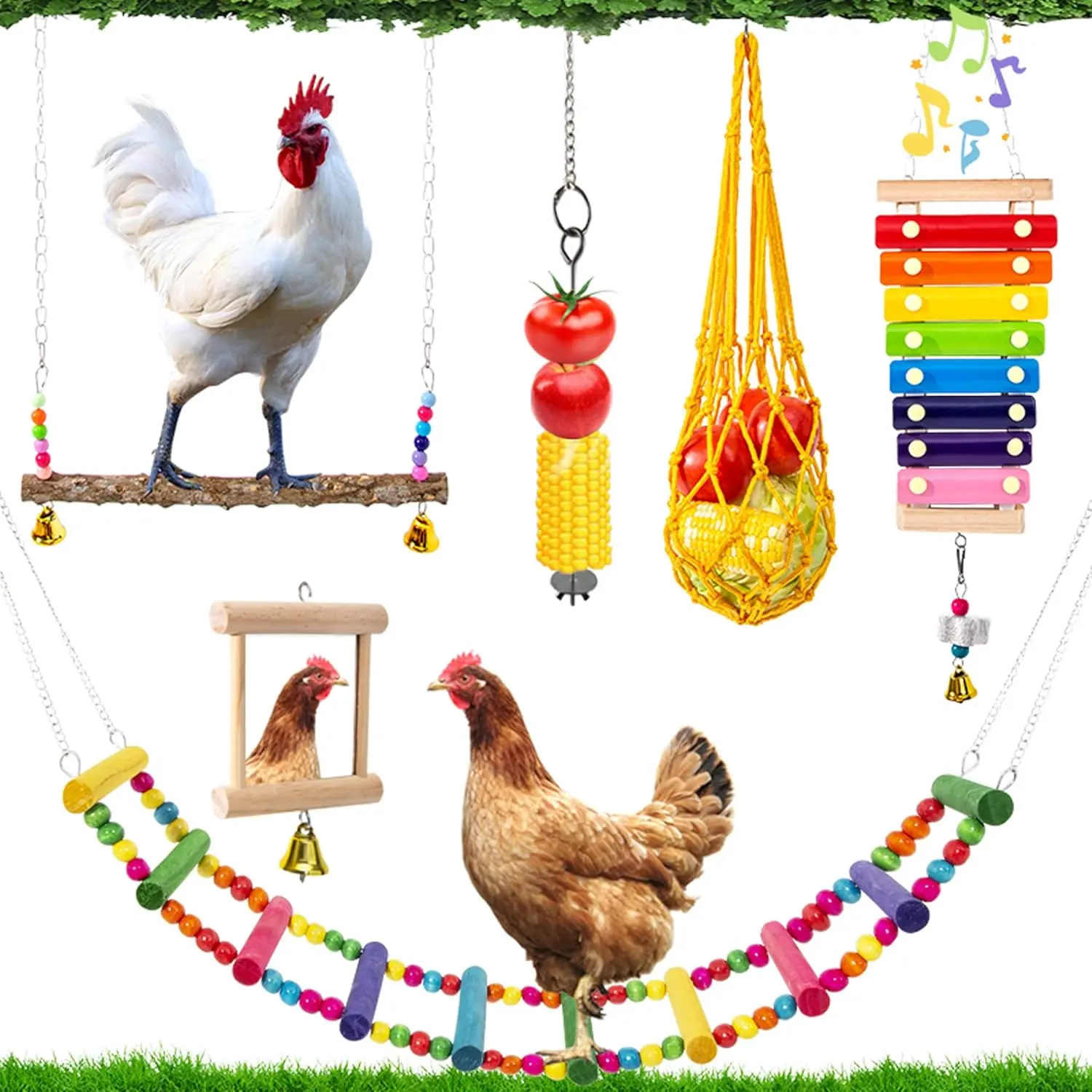 7 count Chicken Toys for Coop Accessories - Chicken Xylophone , Chicken Mirror, Chicken Ladder Bridge, Coop Swing, Vegetable Hanging Chicken Feeder, Chewing  Toys, Gifts for Hens