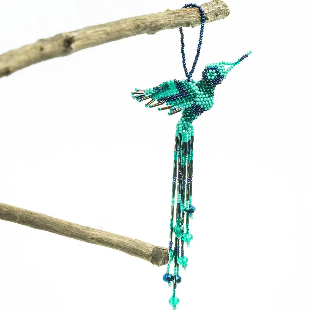 Hummingbird Rearview Mirror Ornament - Handmade Seed Bead Art Fair Trade Made In Guatemala, Eco-Friendly Holiday Decor