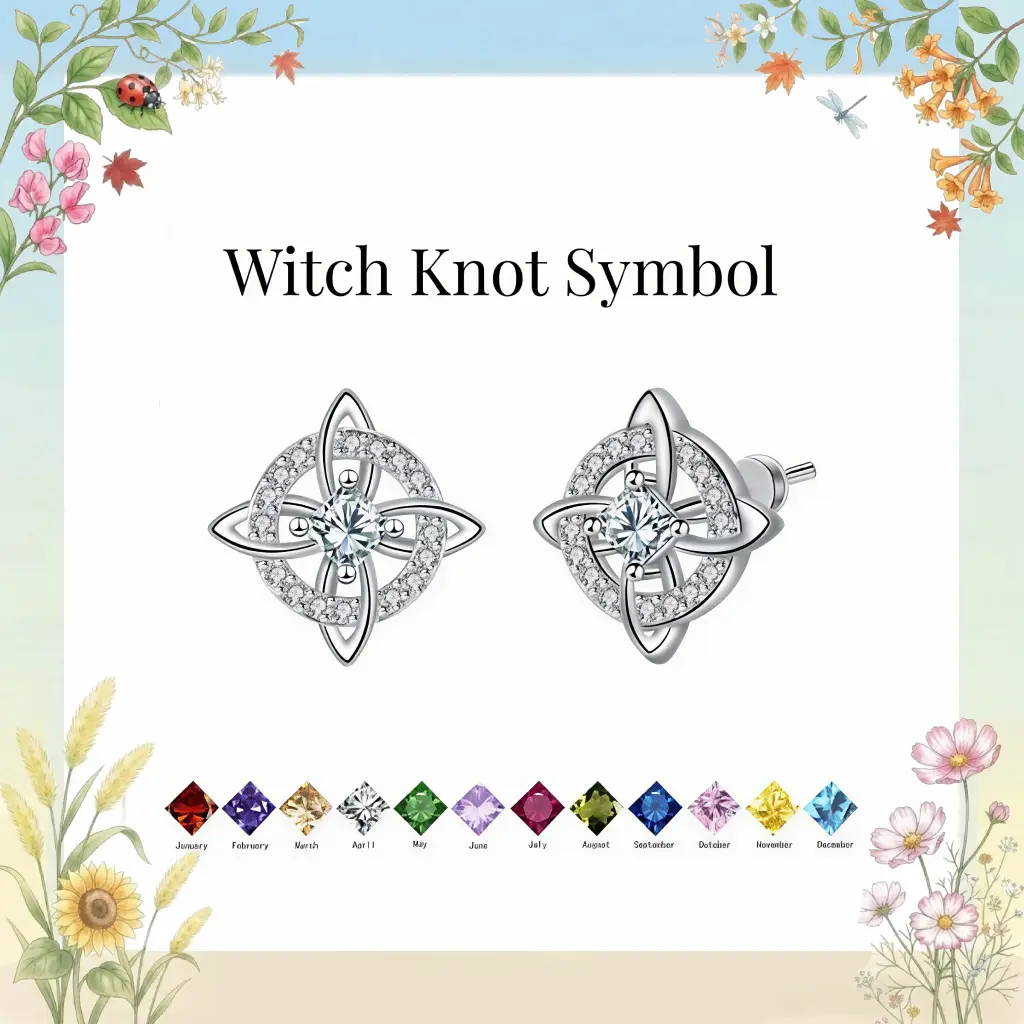 Witch Knot Symbol Earrings – Celtic Knot & Crystal Birthstone Stud Earrings, Tetragrammaton-Inspired Protection Jewelry for Women