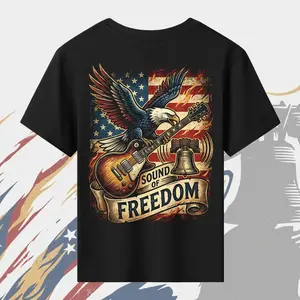 "Sound of Freedom T-Shirt |   Vintage Bald Eagle Electric Guitar Graphic Tee |   Patriotic American Flag Liberty Bell Rock Music USA Freedom Lover Shirt"