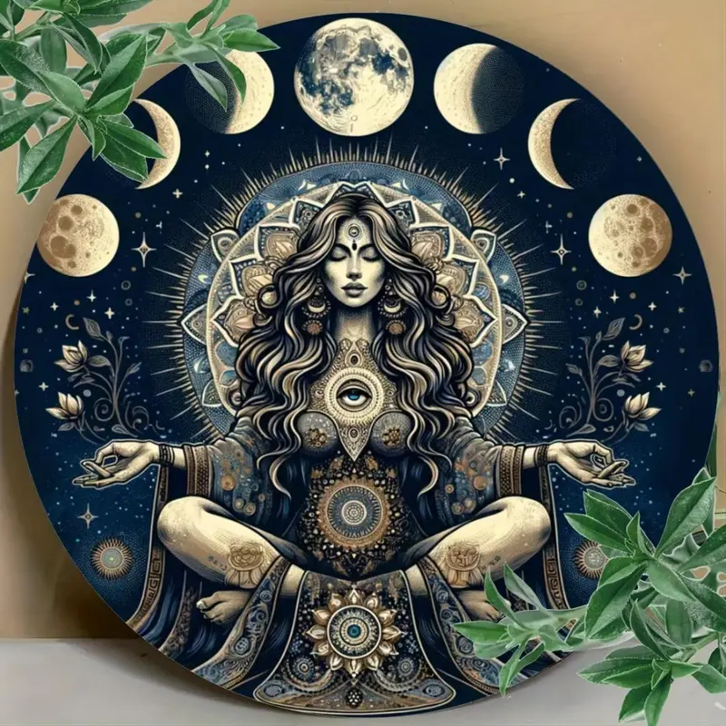 Mysterious Woman Pattern Round Metal Sign, Vintage Plaque Decor, Moon Plaque Gift, Moon Phase Plaque, Moon & Star Pattern Wall Art, Garden Decoration, Home Decoration, Office Decoration, Decoration Items