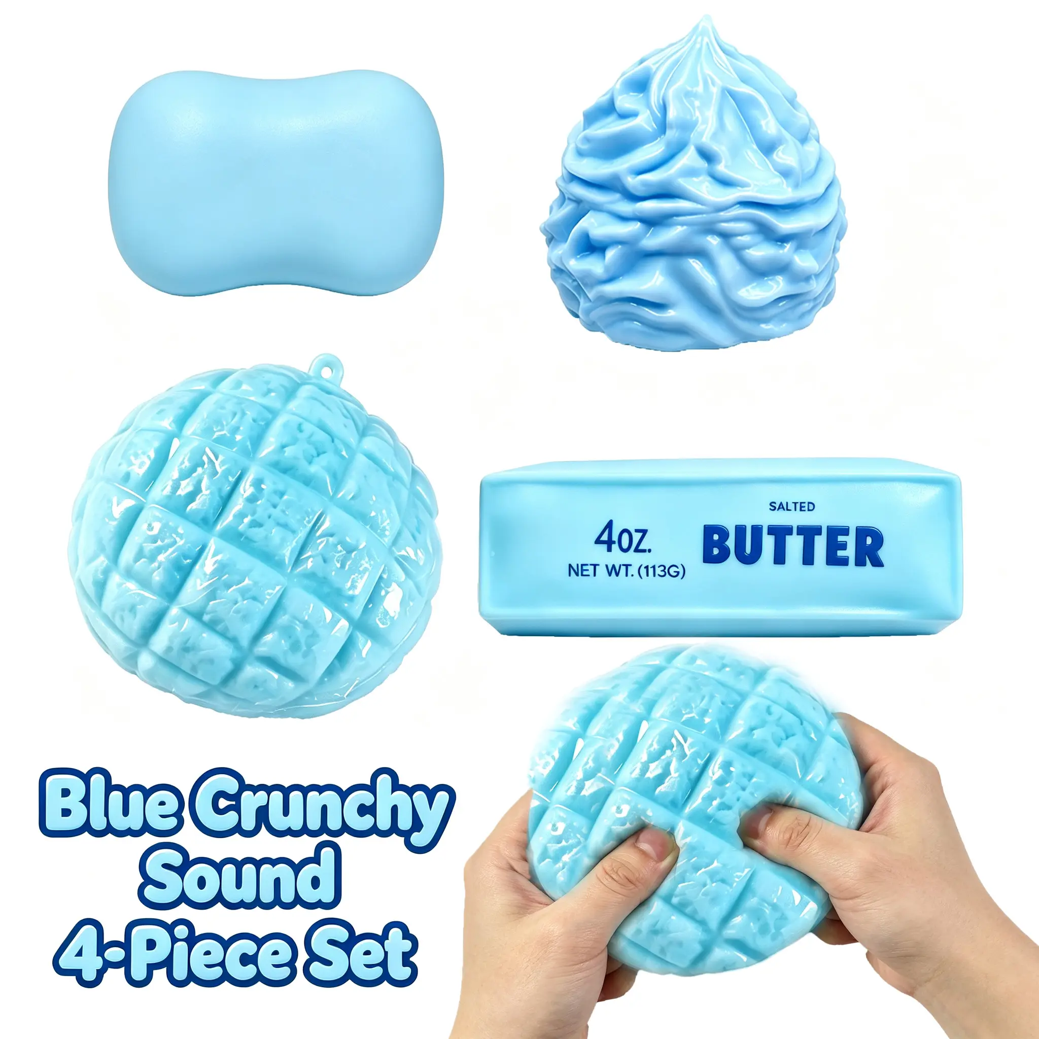 4-Piece ASMR Crunchy Sound Stress Relief Toys Set, Soft Stretchy Realistic Novelty Shapes (Soap, Cream, Butter, Pineapple Bun), Cute Desktop Ornaments, Trendy Selfie Photo Props