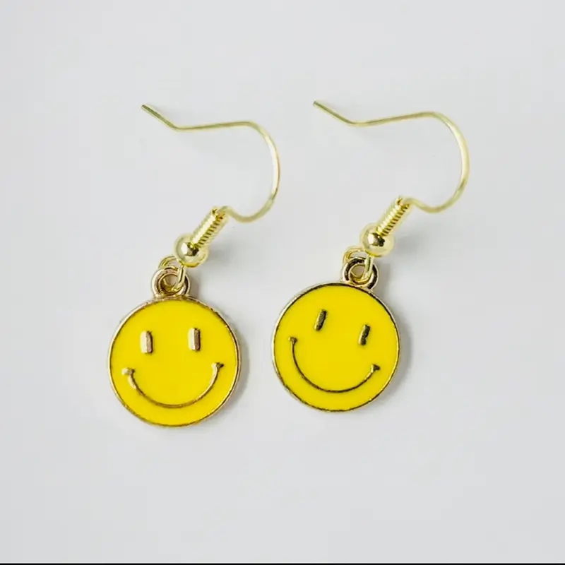 Smiley Earrings - Handmade Yellow Enameled Smiley Face Design with Gold Drop Earrings - Versatile Accessory for Various Occasions