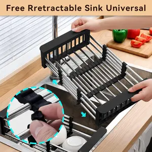 Adjustable Kitchen Sink Storage Rack, Kitchenware Storage, Adjustable Metal Rack, Portable Sink Drain Basket, Fruit & Vegetable Washing Basket, Drying Rack, Household Organizer