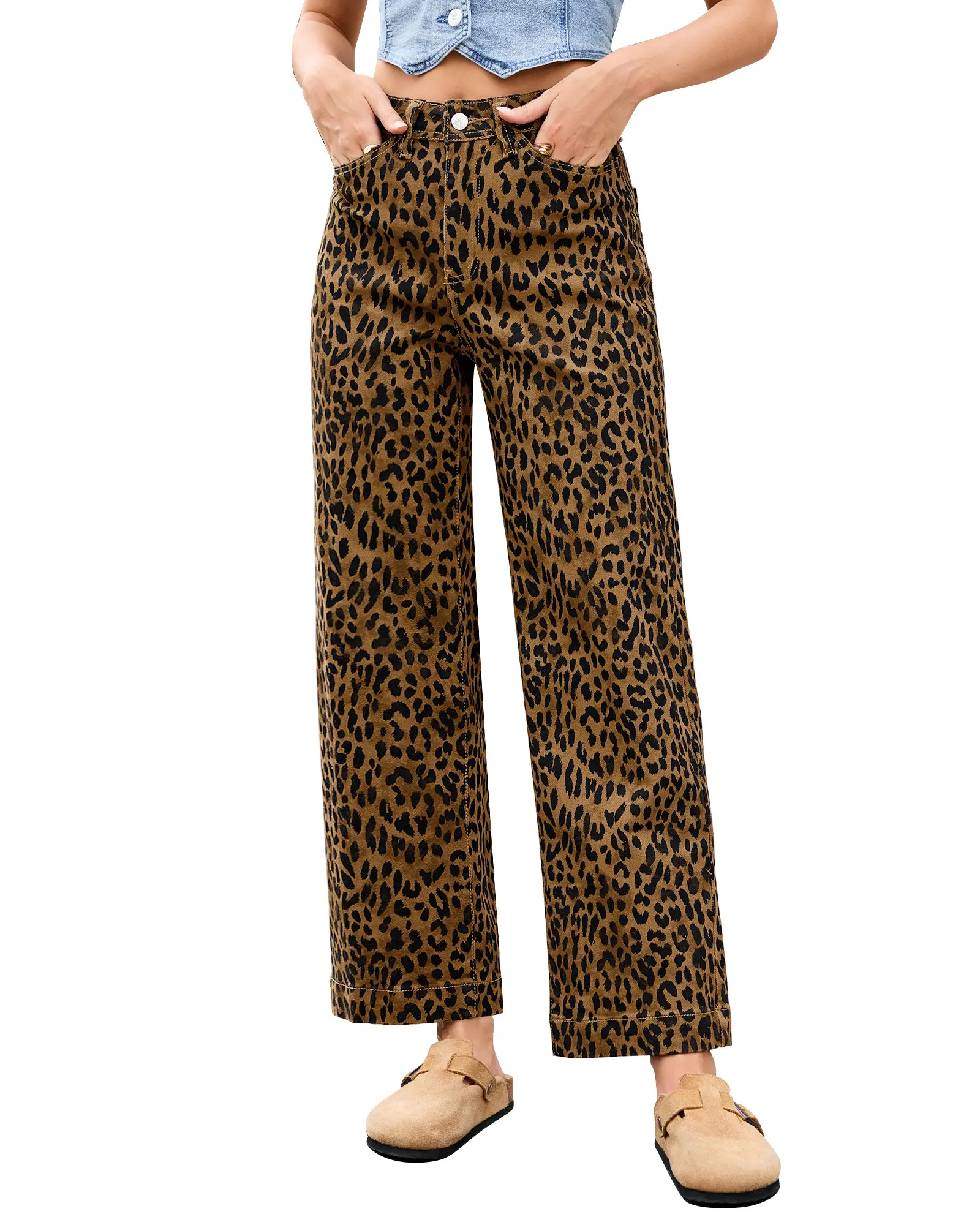 luvamia Wide Leg Jeans Woman Trendy High Waisted Leopard Cheetah Print Ankle Length Stretchy Denim Pants with Pockets