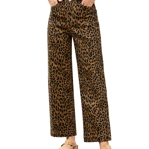 luvamia Women's High-Waisted Wide Leg Leopard Print Ankle-Length Stretchy Denim Jeans - Streetwear, Weekend Pants for Women, Trending Clothes with 90s Look, Pockets, Zipper, Button
