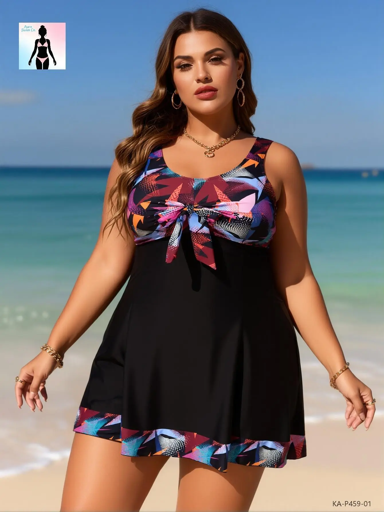 Plus Size Tummy Control Skirted Tankini Swimsuit, Geometric Print, Tie Knot, Bow Detail, Color Block, Two-Piece Bikini Set, Short Bottom, Round Neck, Removable Pads, Women’s Swimsuits, Summer Beach Pool Party, Flattering for Curvy Women