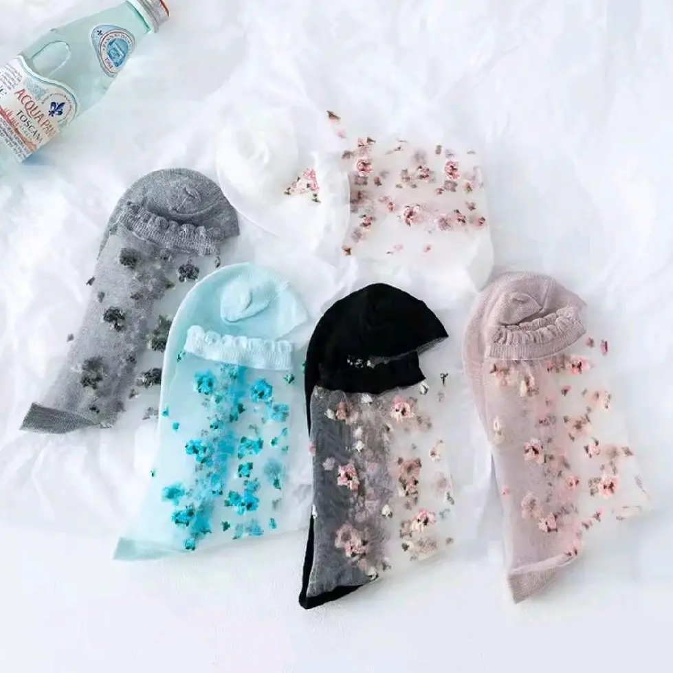 Women's Ruffle Socks, 5 Pairs Elegant Floral Mesh Hosiery, Feminine Calf High Style for Bridal Wear, Breathable