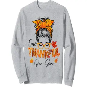 One thankful Gam Gam messy bun thanksgiving day Sweatshirt Menswear Hoodie Casual Tops Crewneck Long Sleeve hoodies women sweatshirts winter outfits comfort hoodies