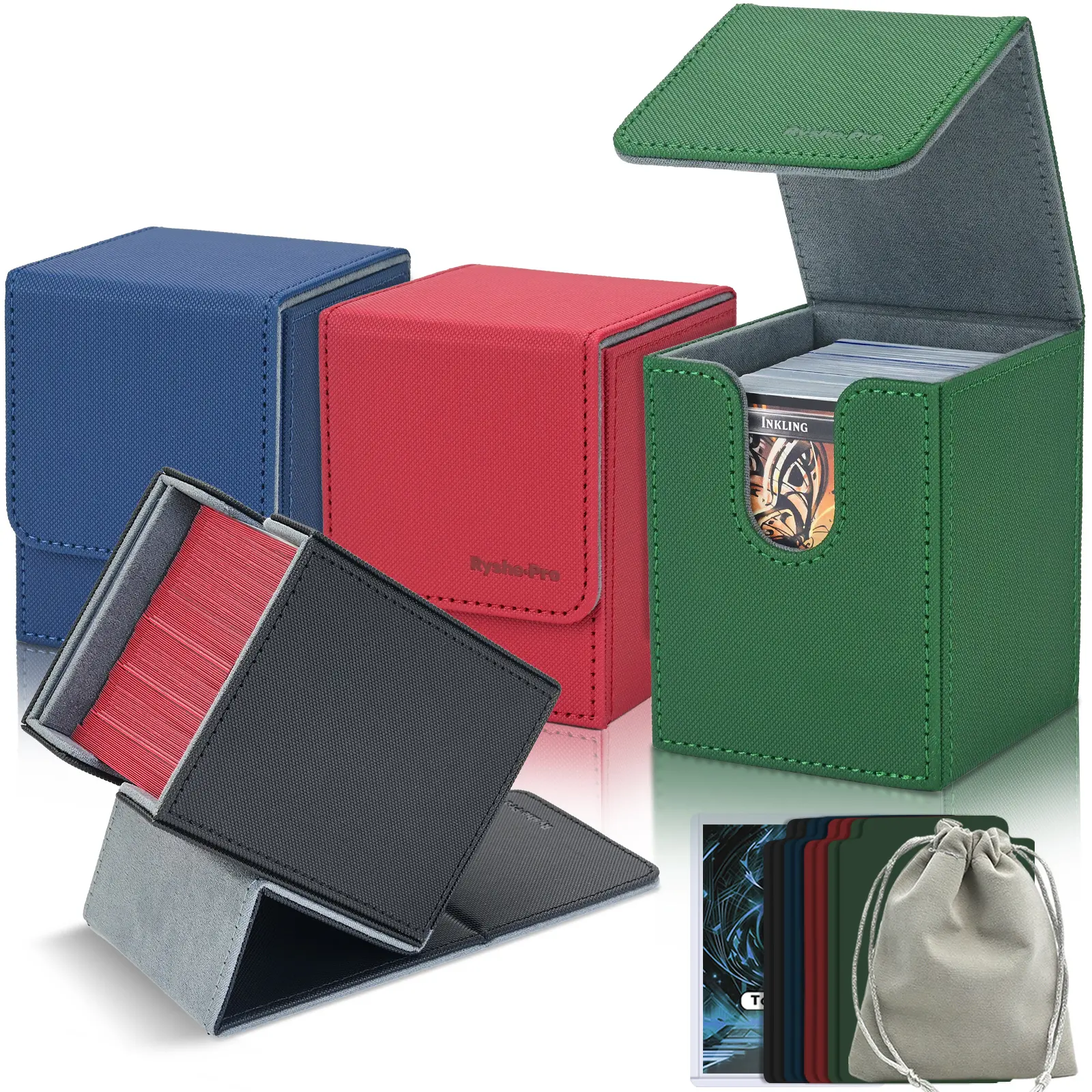 4 Pack Card Deck Box for MTG Commander - Only 1 of 4 Features a Display Window, Each Fits 100+ Double-Sleeved Cards, Magnetic Storage Box for TCG/PTCG/Sport Cards with 8 Dividers, Dice Bag & Toploader