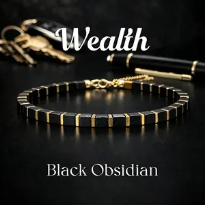 Casual Square Obsidian Beaded Wealth Bracelet, Natural Handmade Stone Jewelry for Abundance & Prosperity, Skin-Friendly Daily Wear & Gift