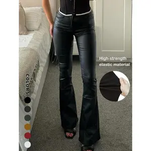 Women’s high-waisted synthetic leather bell-bottom pants with pockets, elastic PU bell-bottoms, suitable for evening outings GARMENTARY