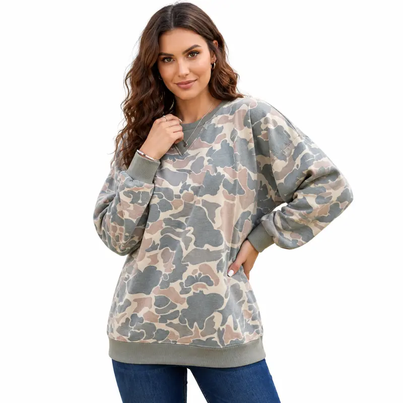 PHEFEE Women's Oversized Camouflage Print Denim Patchwork Tunic Sweatshirt - Long Sleeve Crewneck, Lightweight, Modest, Comfortable, Breathable, Casual Sweatshirts for Daily Wear