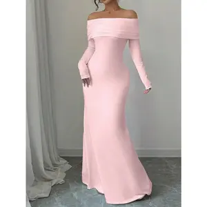 Ribbed Knit Mermaid Dress, Double Layer Off Shoulder Backless Long Sleeve Waist Cinched Elegant Autumn Winter Maxi Dress