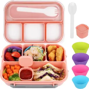 Bento Box.Features 4 Compartments and A Cake Cup,Suitable for Adults, Children, and Toddlers,leak-Proof,4-Compartment Design helps Maintain A Balanced Diet and Preserves the Original Flavor of Food,Pink Bento Box.