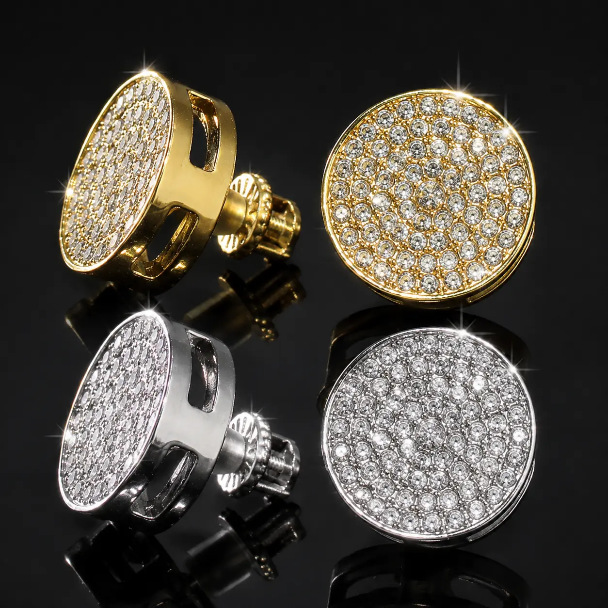 14K Gold & 925 Silver Plated Screw-Back Round Hollow Stud Earrings - Diamond Simulated, Hypoallergenic Luxury Costume Jewelry for Women, Men's Accessories, Father's Day Gifts, Elegant Set