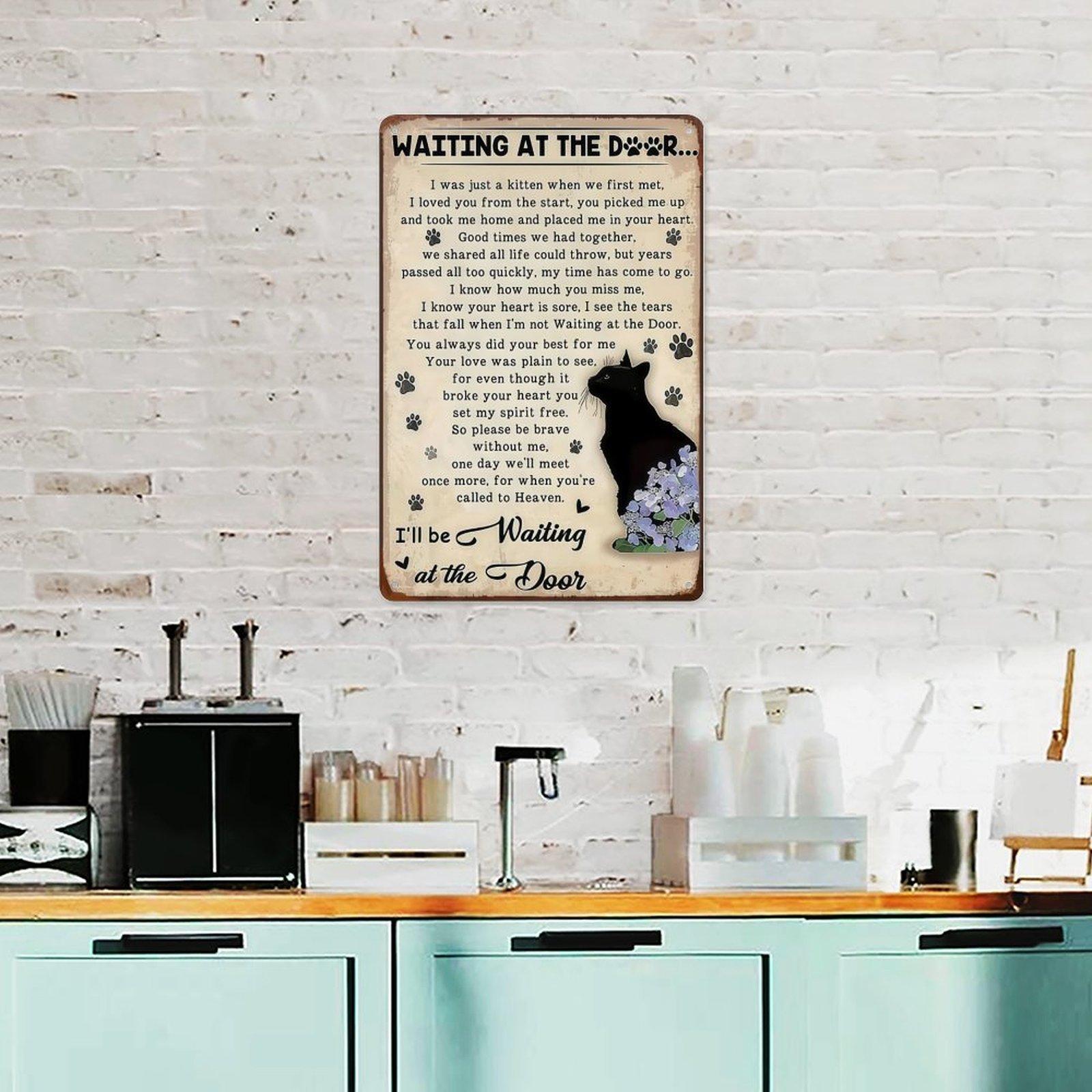 Waiting At The Door Cat Memorial Metal Sign, 8x12 Inch Vintage Black Cat Pet Loss Aluminum Tin Sign, Sympathy Poem Wall Art Decor with Pre-drilled Holes for Cat Lover Home Decor
