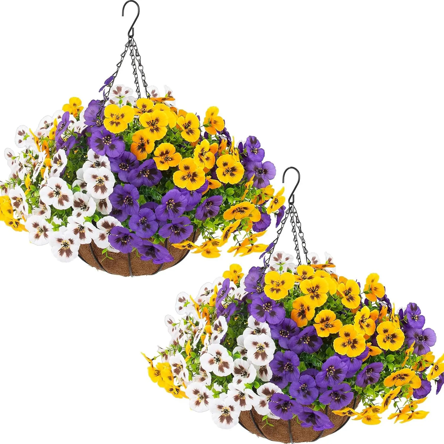 Decorative Outdoor Decor 2-Set Sturdy UV-Resistant Faux Silk Pansies & Eucalyptus Hanging Flowers, 11-in Plastic/Metal Baskets for Porch, Patio - Daily Eye Care Home Decor Supplies