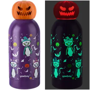 【Yawbay】12oz Classic Pumpkin Glowing Luminous Insulated Cup - Halloween Portable Drinkware, Stainless Steel Leakproof BPA-Free Tumbler with Witch Cat Design, Silicone Base for Sports, Travel Kids' Christmas Gift