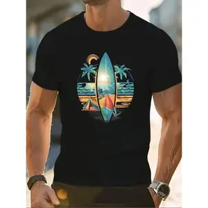 Mens Short Sleeve Surf Print T Shirt Casual Summer Athletic Polyester Crew Neck