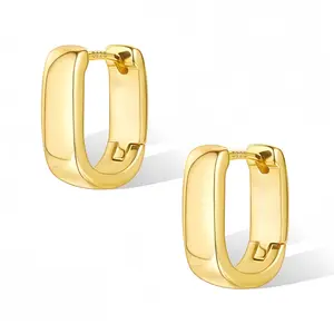 14K Gold Plated S925 Sterling Silver U-Shape Chunky Hoop Earrings | Hypoallergenic High-Polished Thick Huggies for Sensitive Ears