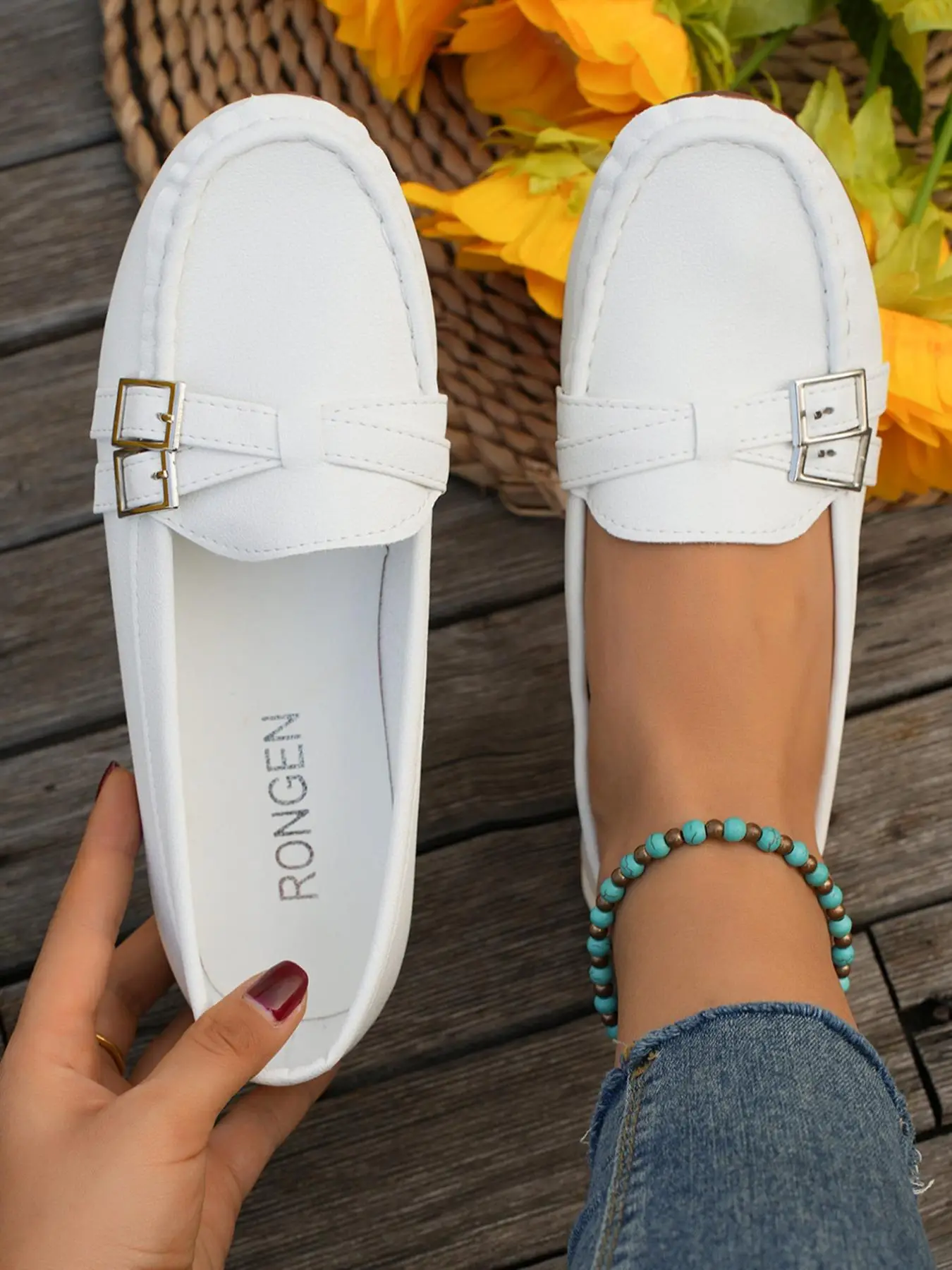 Women's Solid Pu Leather Slip-on Flats, Comfortable Buckle Decor Round Toe Flat Shoes, Lightweight Shoes for Women & Girls, Teen Girl Walking Shoes, F