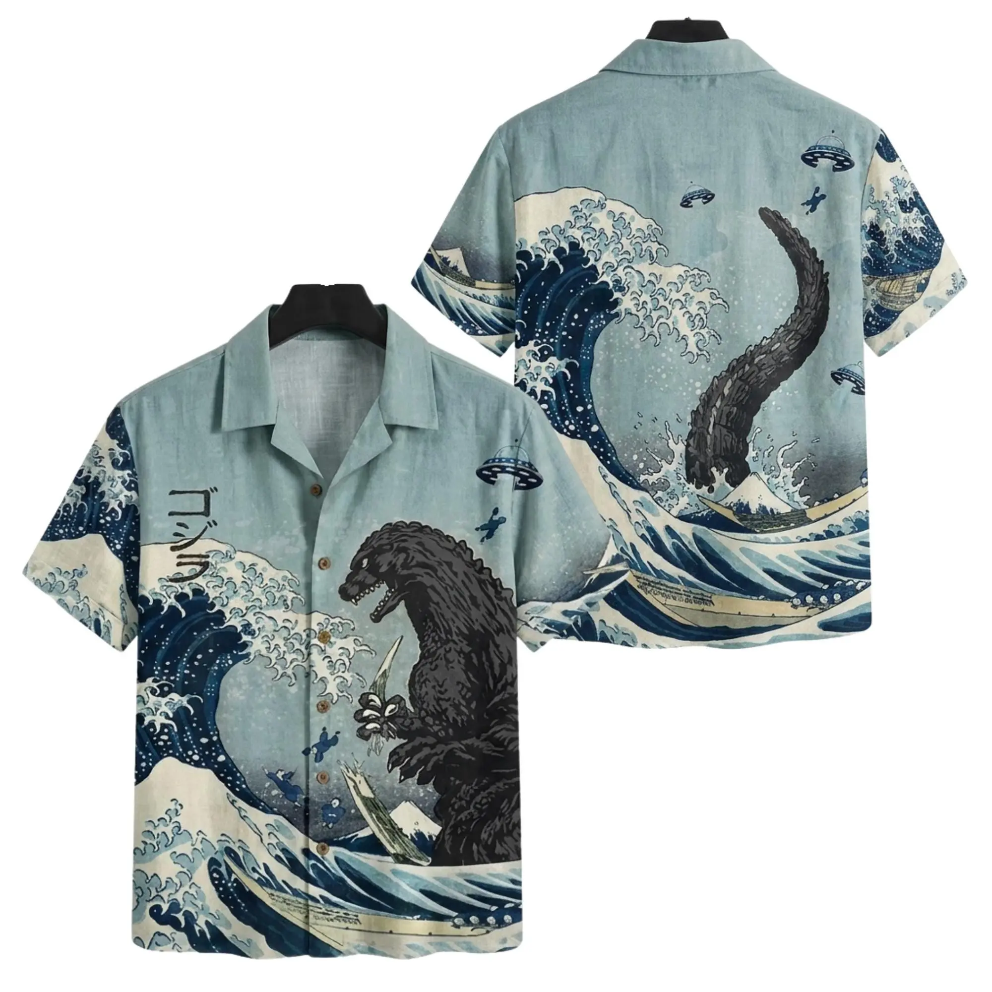 Godzilla Great Wave Hawaiian Shirt, Japanese Kaiju Aloha Button Up