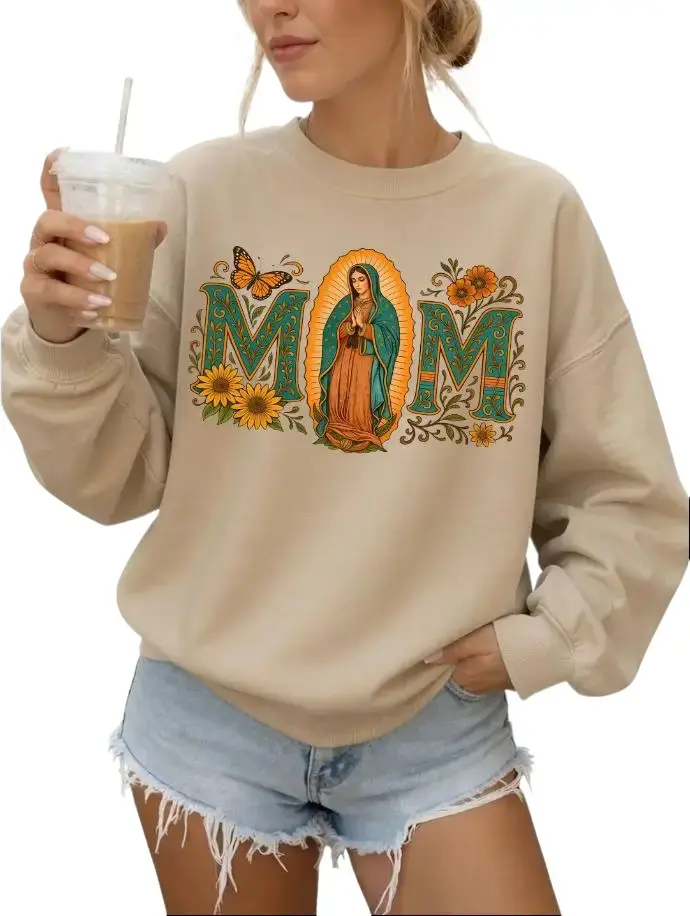 Our Lady Of Guadalupe Mom Sweatshirt, Virgin Mary Floral Graphic, Catholic Faith Apparel, Blessed Mama Gift, Religious Christian Pullover Sweater for Men for Women, Round Neck, Cotton, New Year, Oeko-Tex Certified, No, S, Spandex, Yarn, Hoodie, Fabric