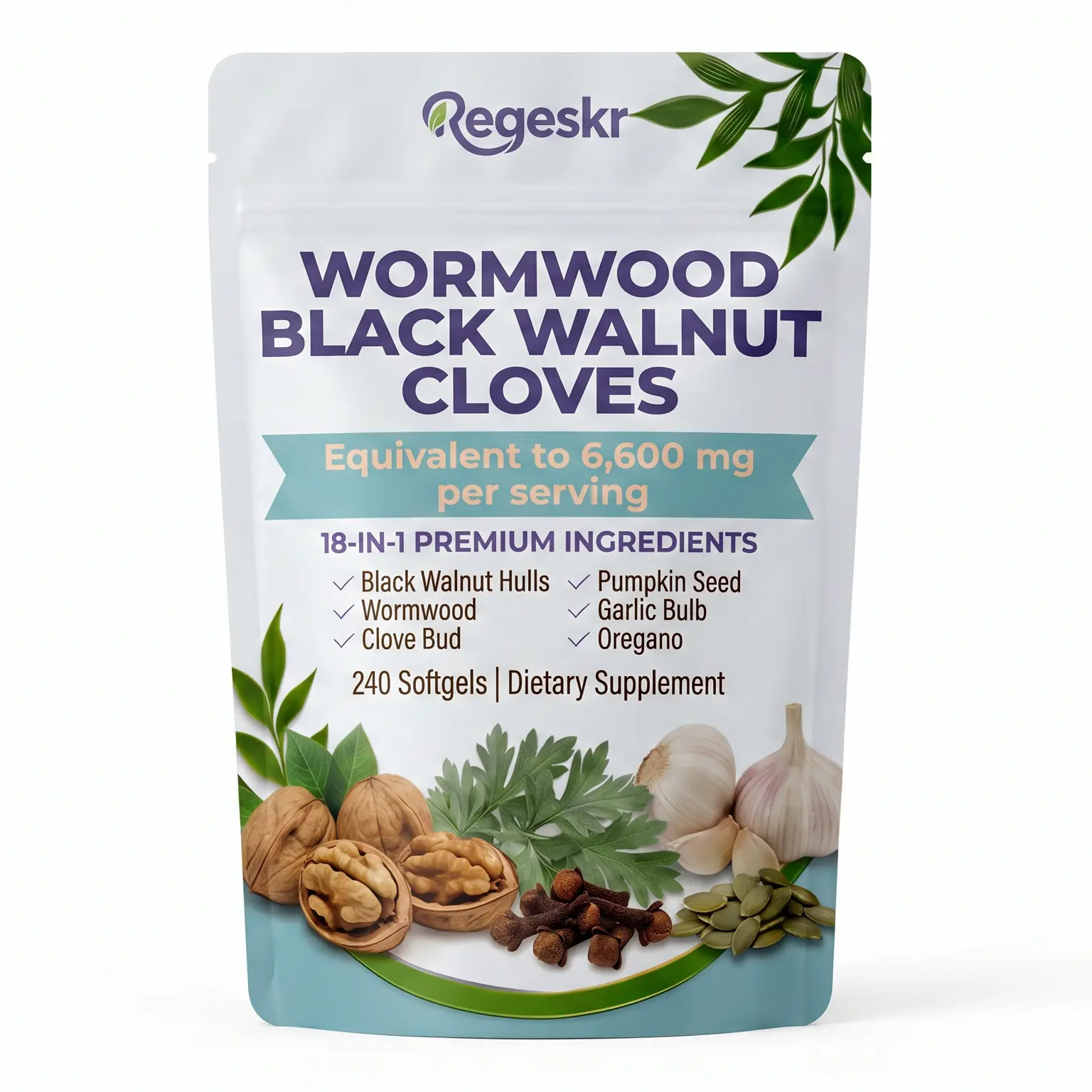 Regeskr Wormwood Black Walnut Cloves Complex – 6,600mg Equivalent Potency 18-in-1 Herbal Formula for Seasonal Digestive Comfort & Internal Wellness Support, 240 Softgels (80-Day Supply), Non-GMO Gluten-Free