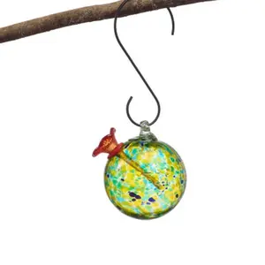Round Green & Yellow Glass Hummingbird Feeder