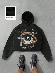 New American Eye Cross Gothic Printed Hoodie, Unisex Street Style, Fitted Short Design, Spring & Fall Fashion, Moderate Fabric Thickness