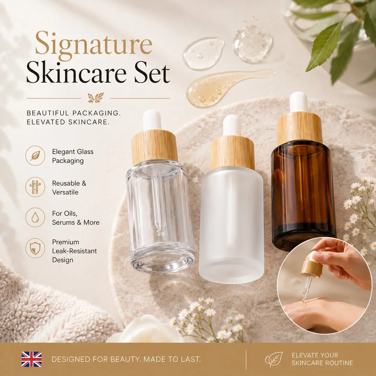 3pcs Premium Glass Dropper Bottles Set, Refillable Clear Frosted Amber Serum Bottles, Bamboo Style Caps for Essential Oils, Facial Serums & Skincare