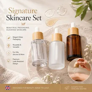 3pcs Premium Glass Dropper Bottles Set, Refillable Clear Frosted Amber Serum Bottles, Bamboo Style Caps for Essential Oils, Facial Serums & Skincare
