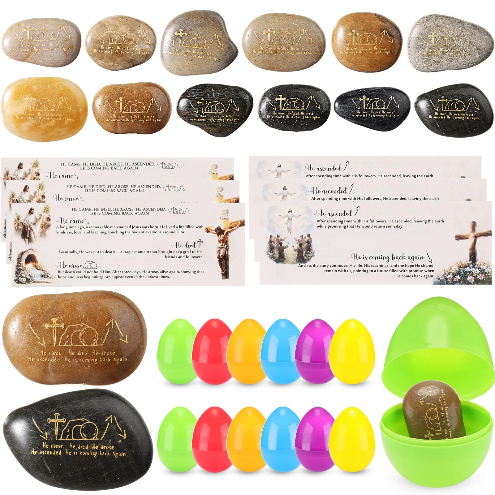 12/24/36Set Religious Easter Eggs with Inspirational Engraved Stones and Resurrection Story Cards for Church Events Sunday School Easter Basket Stuffers Easter Egg Hunt Holy Week Party Favors Christian Faith Gifts