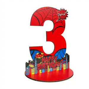 Spider-Themed Birthday Decorations, Yang Wood Table Centerpiece, Age 3-5 Number Stand, Wooden Table Decoration