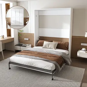 Queen Size Murphy Wall Bed, Space Saving Hidden Wall Bed Cabinet, Wood Foldable Murphy Bed Frame with Metal Slats for Home Office Guest Room, Heavy-Duty Support, White