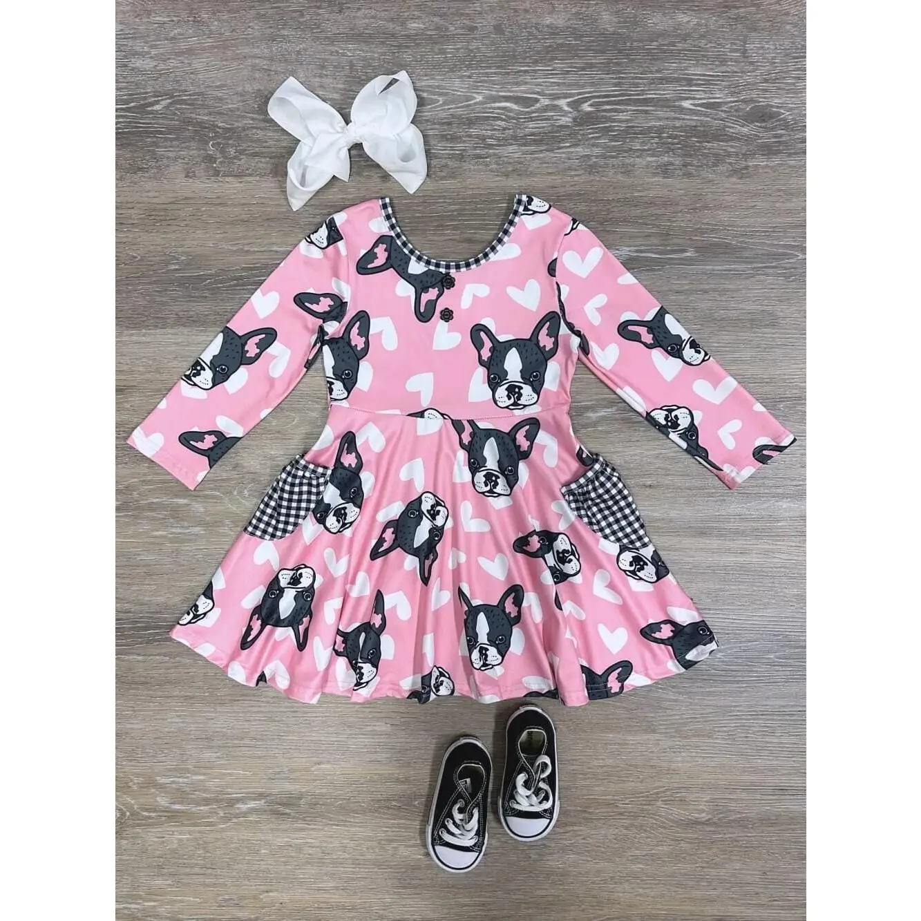 French Kiss Bulldog Pink Heart Plaid Pocket Girls or Toddler Size Long Sleeve Valentine's Day Skater Style Dress