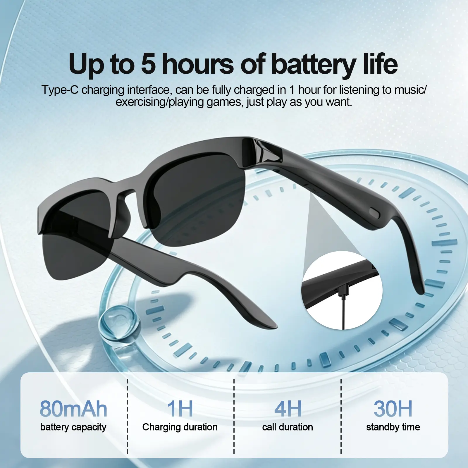 Smart Bluetooth Audio Glasses, Wireless Open-Ear Sunglasses with Built-In Speakers & Mic, Hands-Free Music and Calls, Bluetooth Eyewear for Running, Cycling, Cooking, Work, Driving, Travel, Outdoor Sports, Compatible with Phone & Android