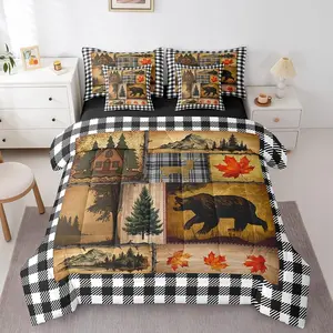 Rustic Farmhouse Bedding Set,7 Pcs,Black and White Plaid Checkered Comforter Set for Kids Teens,Hunting Bear Deer Woodland Animals Bed in a Bag,Western Fall Leaves Wildlife Quilt