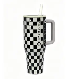 Hydrojug 40Oz Black And White Plaid Leak-Proof Thermal Cup With Flip Straw & Cup Holder Compatible Water Bottle Lid Drink Container