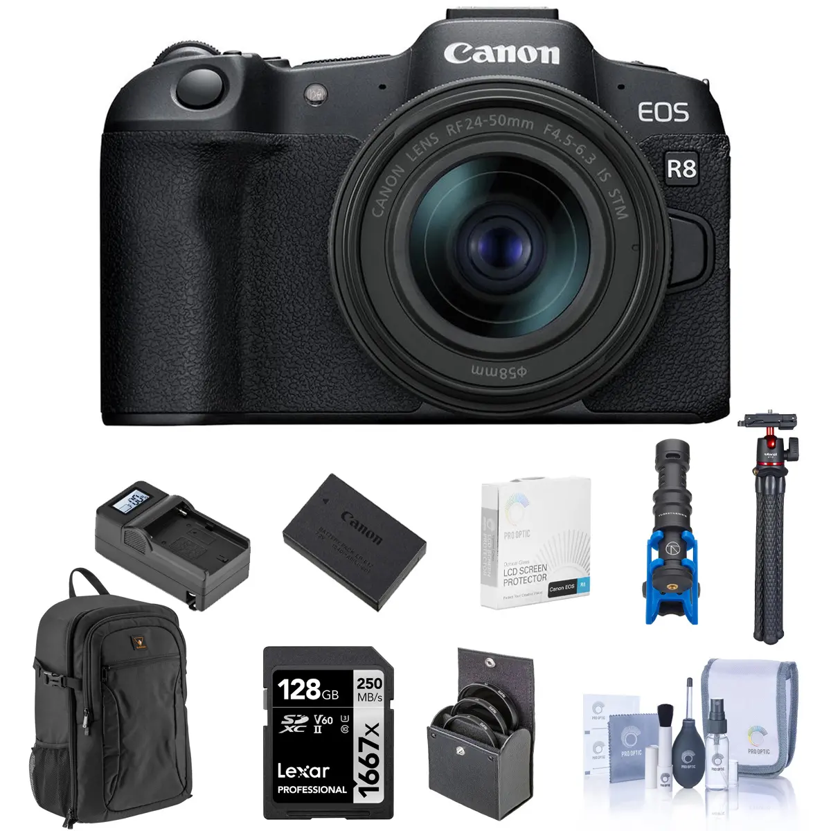Canon EOS R8 CMOS Sensor Mirrorless Camera with RF 24-50mm f/4.5-6.3 IS STM Lens, Built-In Li-Ion Extra Battery, 128GB SD Card, Backpack, Charger, Microphone, Tripod, Screen Protector, 58mm Filter Kit, Cleaning Kit