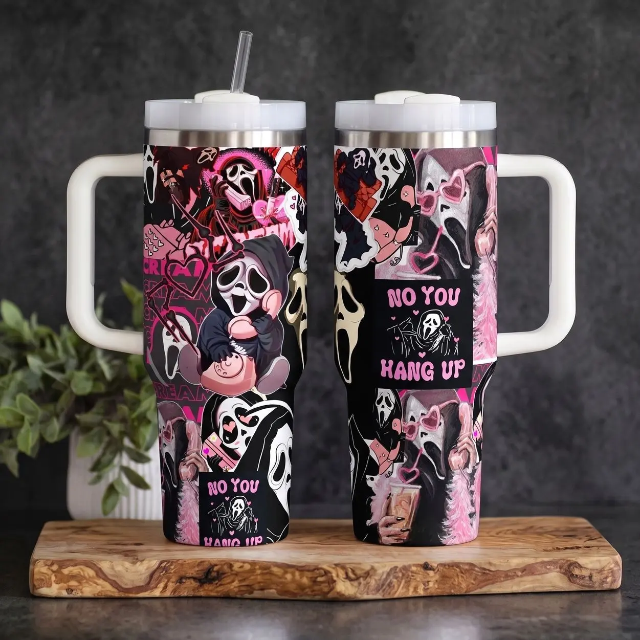 Pink Ghostface Scream 40oz Tumbler with Handle and Straw - "No You Hang Up" Pink Horror Cute Stainless Steel Water Bottle - Halloween Gift for Her